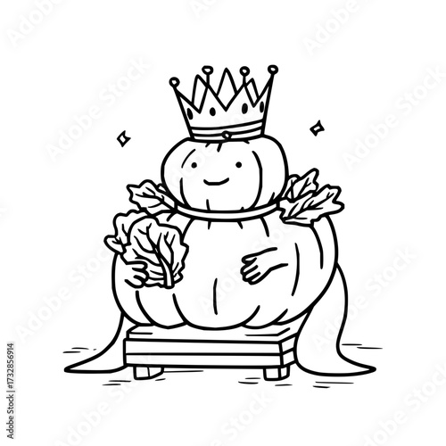 A cartoon pumpkin queen with a crown sitting on a throne with leaves and a happy expression shown