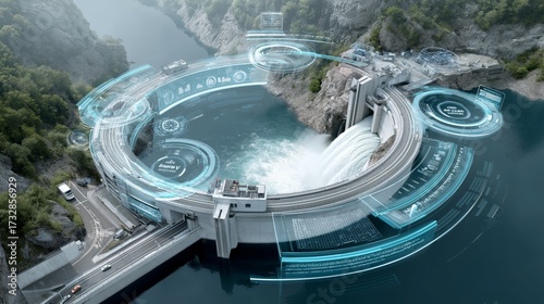 A futuristic hydroelectric dam with holographic digital overlays symbolizing renewable energy innovation, smart monitoring, and sustainable water management, Generative AI