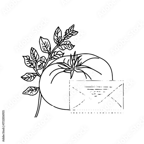 Outline drawing of a tomato with leaves and an envelope in a simple black and white illustration