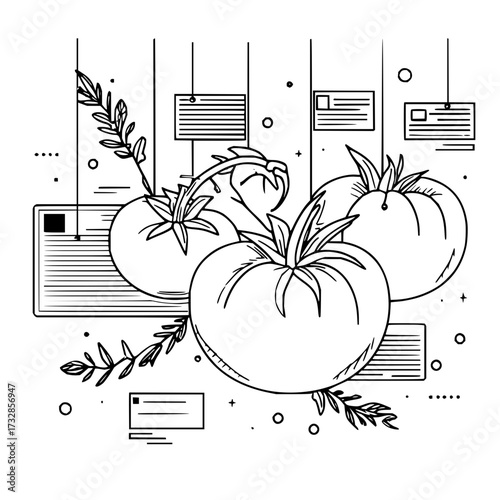 Illustration of three tomatoes with leaves and hanging cards in a black and white line drawing style