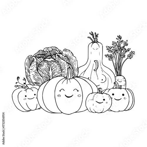 Illustration of pumpkins, cabbage, butternut squash and carrots with cute faces in black and white line art