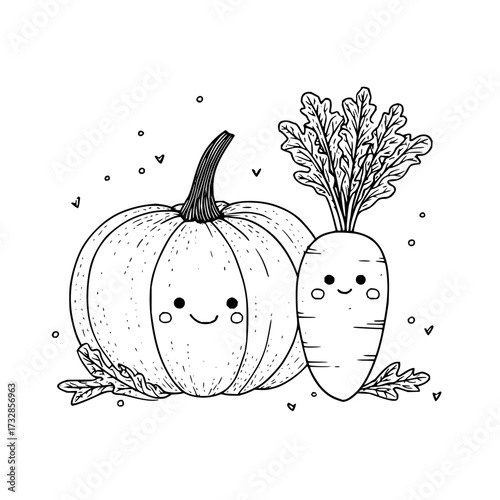 A cute cartoon pumpkin and carrot with smiling faces and leaf accents in a black and white line drawing