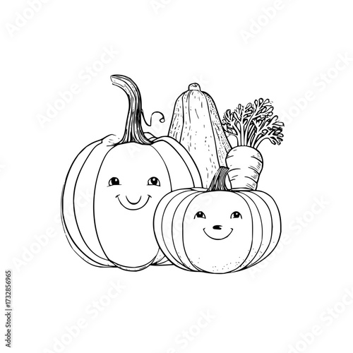 Illustration of pumpkins squash and carrots with happy faces in black and white outline style drawing