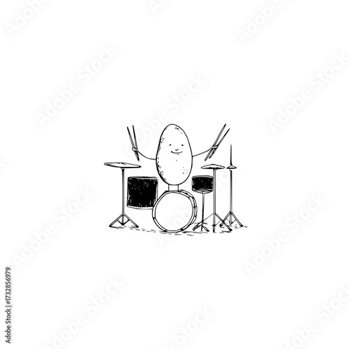 A whimsical illustration of an anthropomorphic egg playing a drum set with drumsticks in black and white