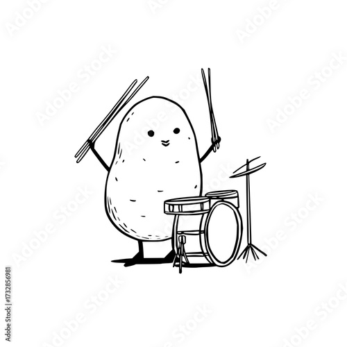 A whimsical potato character joyfully plays the drums with drumsticks in a black and white drawing