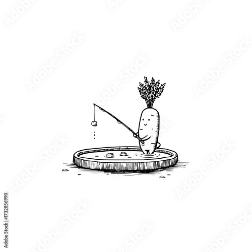 A whimsical drawing of a carrot fishing in a pool with a fishing rod and a happy expression on his face