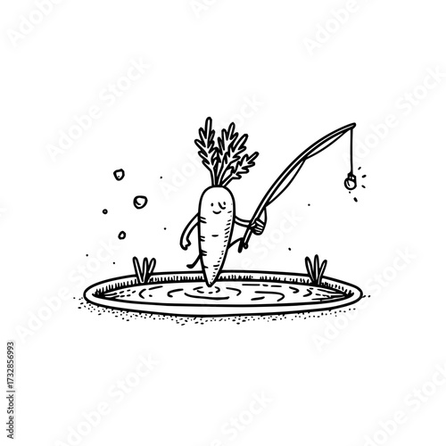 A cartoon carrot character fishing in a small pond with a fishing rod and a glowing bait on the line