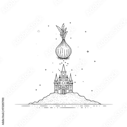 A whimsical drawing of a castle on a hill with an onion floating above it in a surreal composition