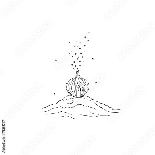 A whimsical onion house with a small window sits atop a mound with bubbles rising upwards in black and white