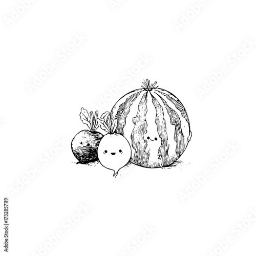 Illustration of a watermelon and two turnips with cute faces in black and white ink drawing style