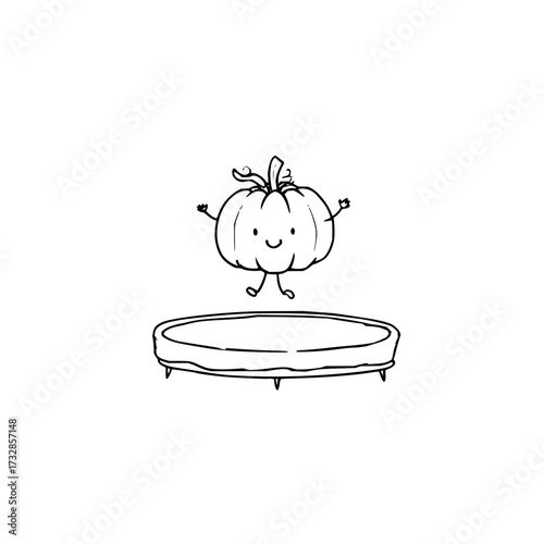 A whimsical line drawing of a pumpkin character jumping on a trampoline with a happy expression shown
