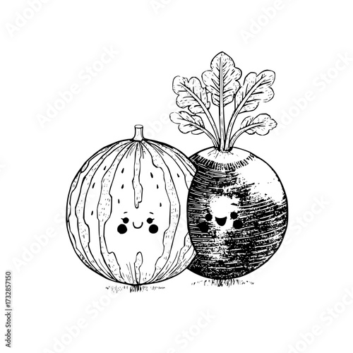 Illustration of a cute watermelon and a radish with happy faces in black and white drawing style