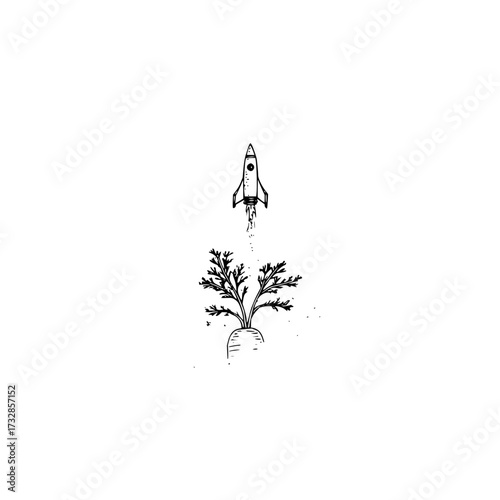 A whimsical sketch of a rocket launching from a carrot top against a stark white background space scene