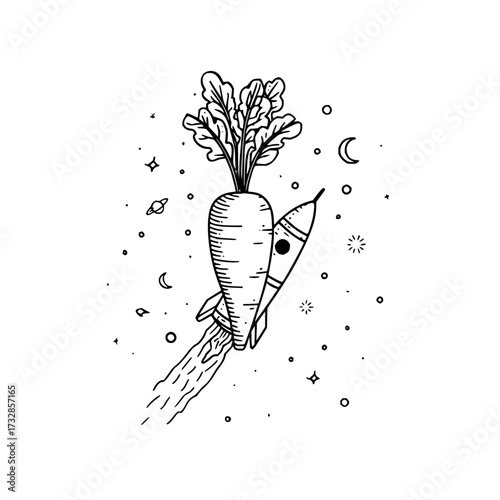 A whimsical illustration of a carrot rocket ship soaring through space with stars and celestial bodies around it