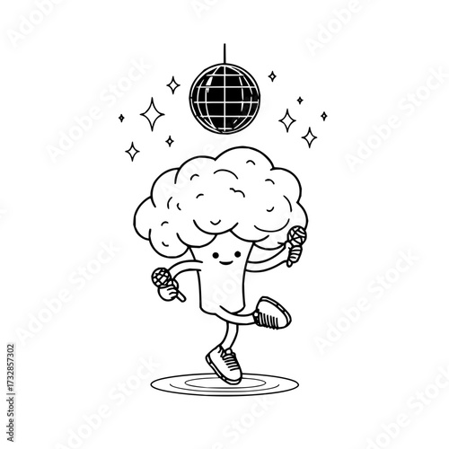 Cartoon broccoli character dancing under a disco ball while holding microphones in a black and white style