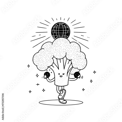 Cartoon broccoli character juggling with a disco ball on its head in a black and white illustration