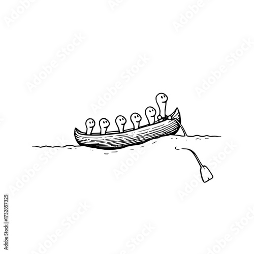 Cartoon illustration of a boat with seven characters and a paddle in a simple black and white style