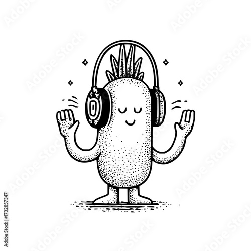 Cartoon character with headphones enjoying music with closed eyes and raised hands in black and white style