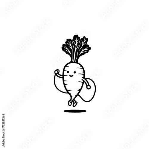 A cheerful cartoon turnip character skipping rope with a happy expression and leafy greens on its head