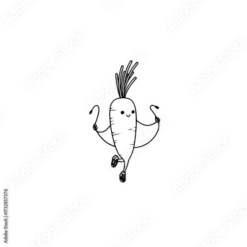 A cartoon carrot with a smiling face is jumping rope while wearing sneakers in a black and white drawing
