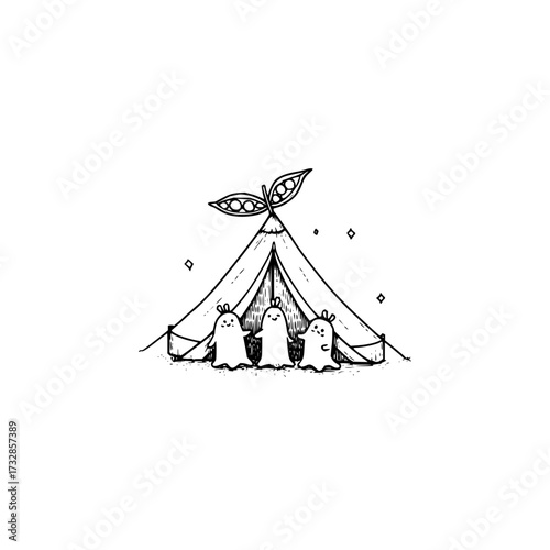 Three bunny ghosts standing in front of a tent with a pea pod on top in black and white sketch style