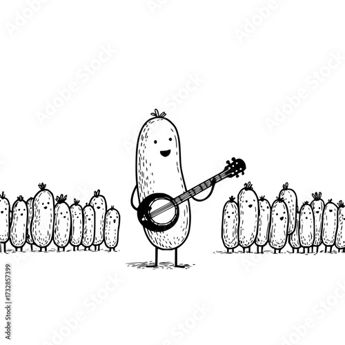 Cartoon sausage playing banjo with other sausages watching in a black and white illustration style