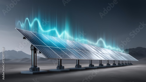 A futuristic solar panel installation emitting glowing energy waves symbolizing clean renewable power, innovation, and sustainable technology for modern infrastructure, Generative AI