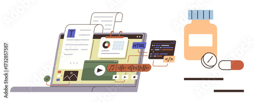 Laptop with text, charts, and code outputs alongside pills and a medicine bottle. Ideal for telemedicine, health technology, e-learning, online pharmacy, coding, innovation simple flat metaphor