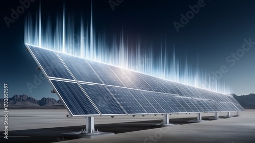 A futuristic solar panel installation emitting glowing energy waves symbolizing clean renewable power, innovation, and sustainable technology for modern infrastructure, Generative AI