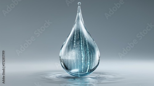 A transparent water droplet filled with binary code representing the fusion of data technology and purity within digital sustainability concepts, Generative AI