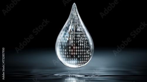 A transparent water droplet filled with binary code representing the fusion of data technology and purity within digital sustainability concepts, Generative AI