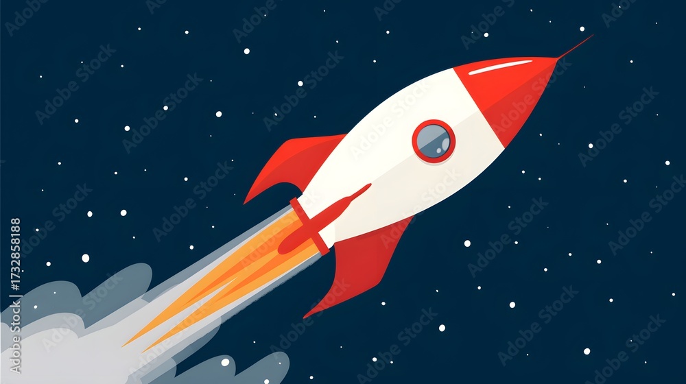 Naklejka premium Illustration of a rocket in space concept. Flat illustration of a rocket in space with clouds, stars and planets