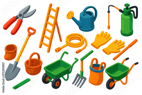 Orchard Tools Icons. Isometric vector illustration set Orchard Tools: pruning shears, ladder, watering can, hose, sprayer, gloves,
