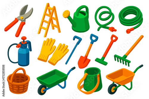 Orchard Tools Icons. Isometric vector illustration set Orchard Tools: pruning shears, ladder, watering can, hose, sprayer, gloves,