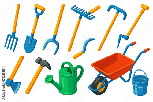 Colorful Farm Tools. Isometric vector illustration set Farm Tools: pitchfork, shovel, rake, hoe, spade, sickle, scythe,