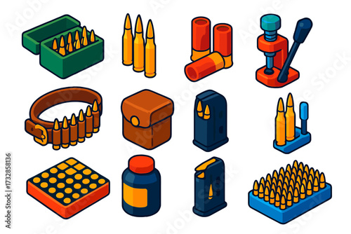 Ammunition Icons Collection. Isometric vector illustration set Ammunition: bullet box, rifle cartridges, shotgun shells, empty