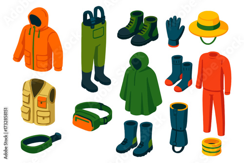 Angler Apparel Icons. Isometric vector illustration set Angler Clothing: waterproof jacket, chest waders, felt sole boots,