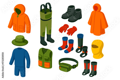 Angler Apparel Icons. Isometric vector illustration set Angler Clothing: waterproof jacket, chest waders, felt sole boots,
