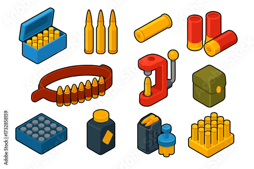 Ammunition Icons Collection. Isometric vector illustration set Ammunition: bullet box, rifle cartridges, shotgun shells, empty