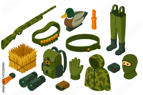 Waterfowl Hunting Gear. Isometric vector illustration set Waterfowl Hunting Gear: camouflage shotgun, duck decoy, duck call,