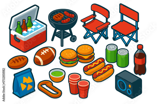 Tailgate Party Essentials. Isometric vector illustration set Tailgate Party Items: cooler with ice, grill, folding chair, football