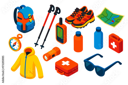 Hiking Gear Essentials. Isometric vector illustration set Hiking Essentials: backpack, trekking poles, trail shoes, map, compass,