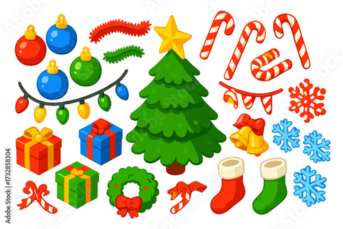 Festive Holiday Icons. Isometric vector illustration set Christmas Decorations: Christmas tree, baubles, string lights, tinsel,