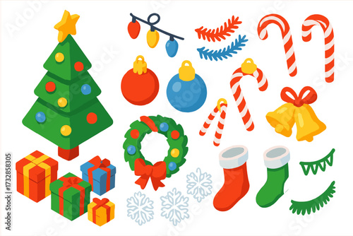 Winter Festive Icons. Isometric vector illustration set Winter Festive Set: Christmas tree, baubles, string lights, tinsel, star