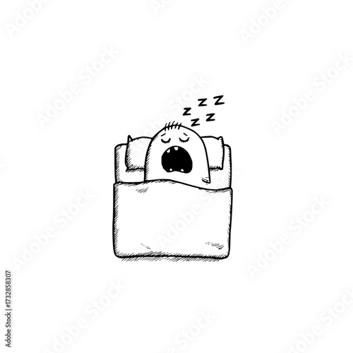 A cartoon character sleeping in a bed with zzz symbols indicating sleep and a wide open mouth snoring