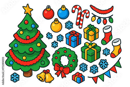 Winter Festive Icons. Isometric vector illustration set Winter Festive Set: Christmas tree, baubles, string lights, tinsel, star