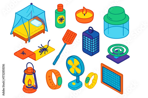 Nighttime Insect Defense Essentials. Isometric vector illustration set Nighttime Bug Protection: bed mosquito net, repellent