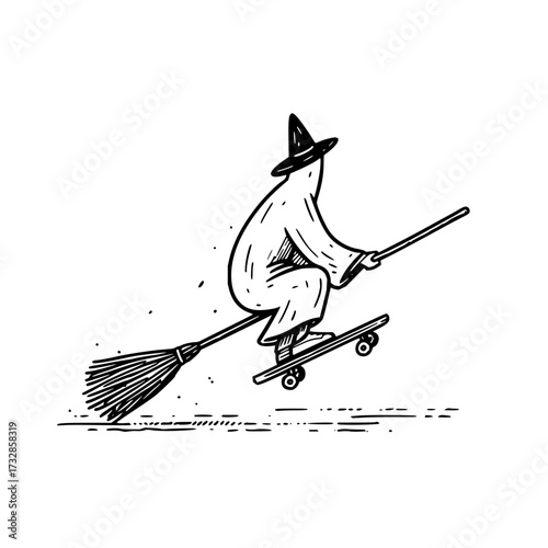 A whimsical sketch of a wizard riding a skateboard while holding a broom and wearing a pointy hat