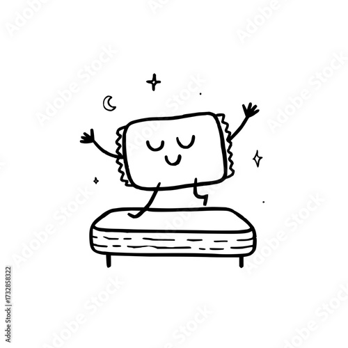 Cartoon pillow character with closed eyes standing on a bed with stars and moon around it drawing