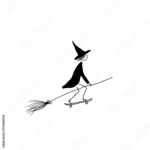 A witch with a pointy hat riding a skateboard while holding a broom on a white isolated background